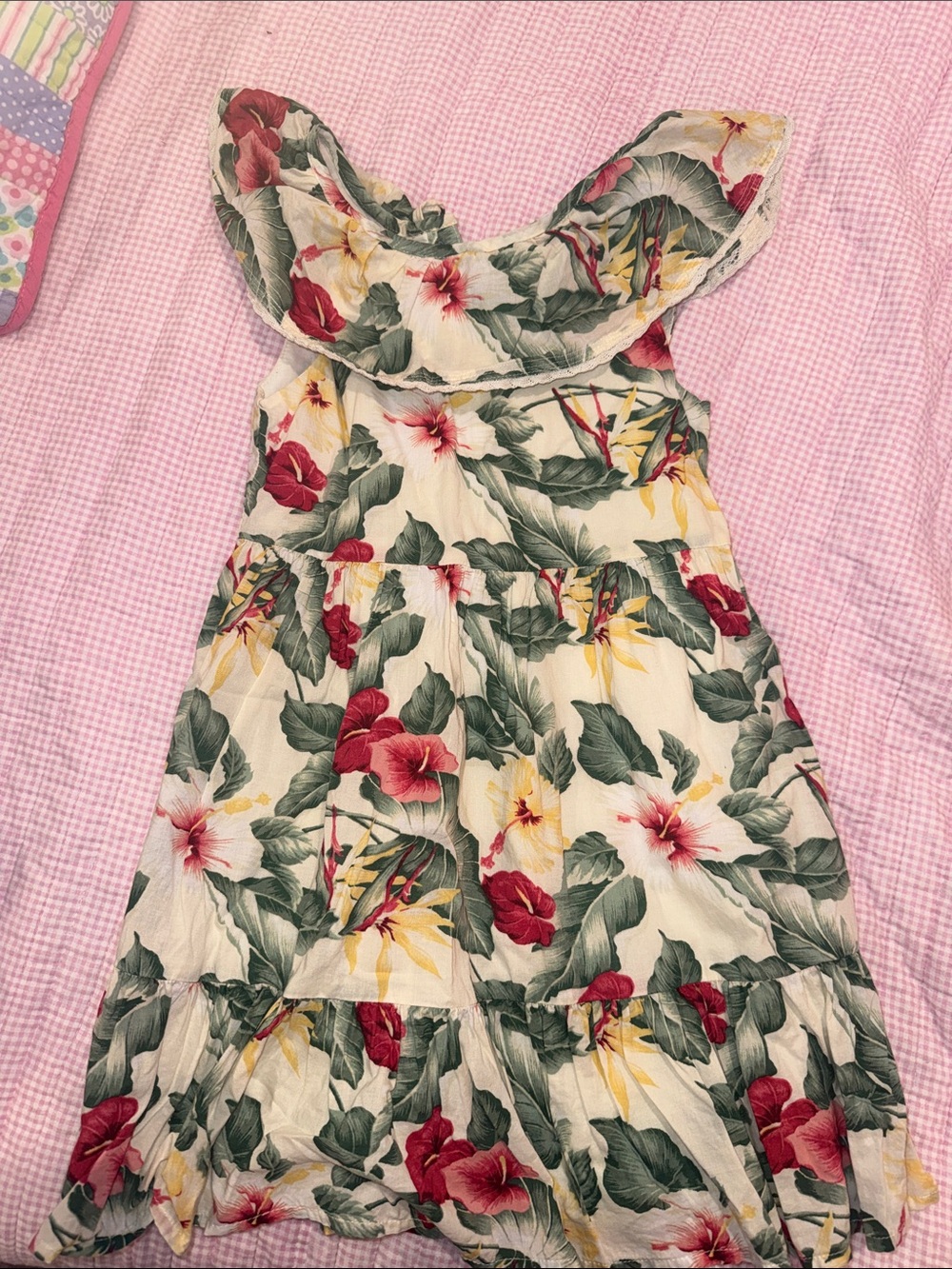 Janie & Jack Tropical Floral Ruffle Sundress - Cream with Red & Green